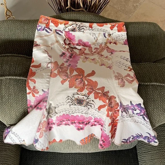 ROBERTO CAVALLI Vintage Orchid Jeweled Sea Life Gored Sexy Denim Skirt U… - Picture 4 of 15